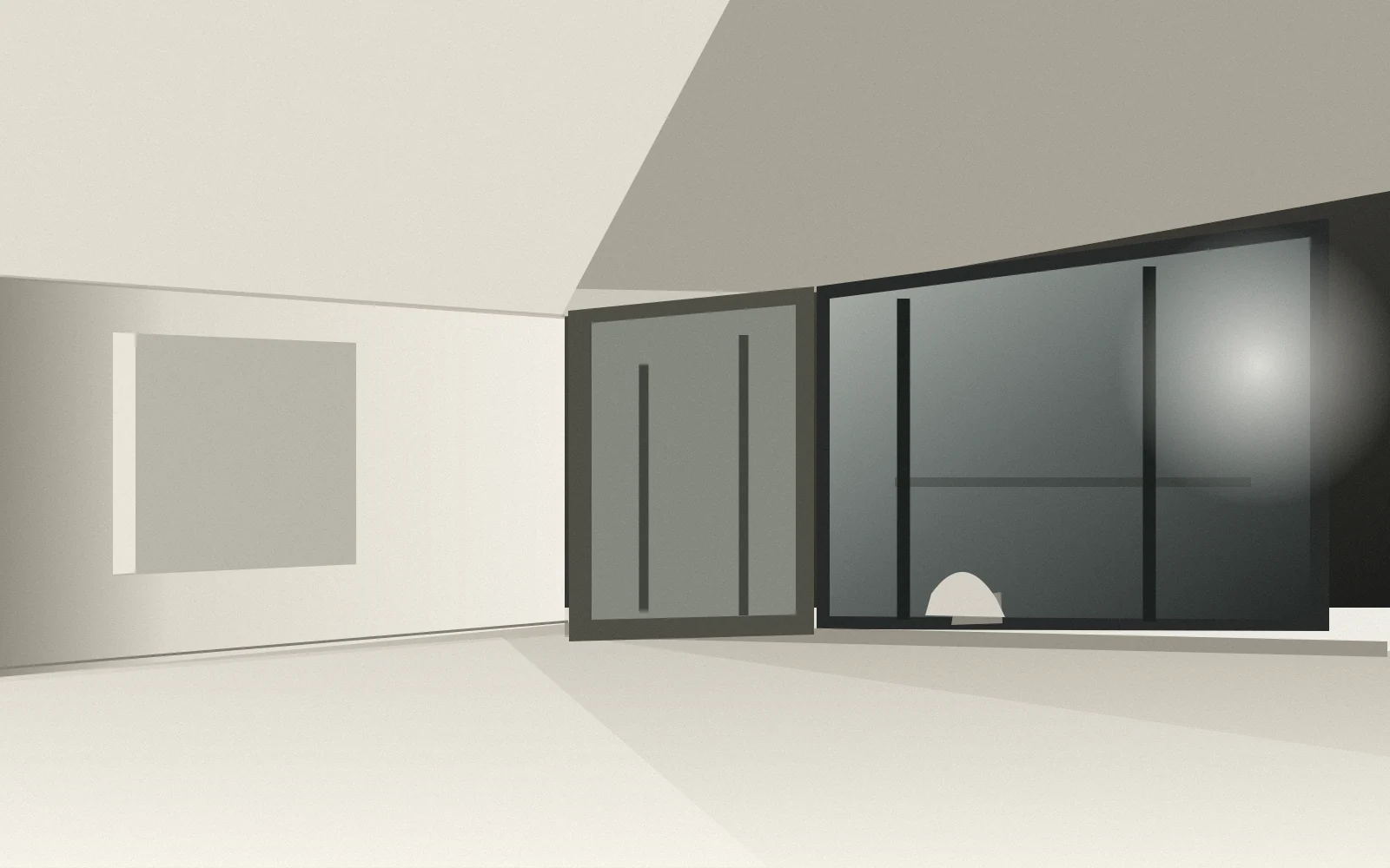 Illustrative architectural study of a restrained interior and shaded glazing